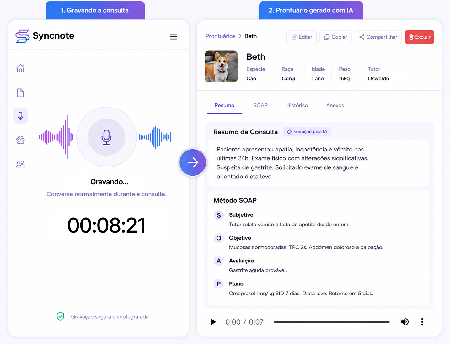 Interface mostrando o áudio de uma consulta veterinária se transformando em um prontuário clínico com IA da Syncnote.