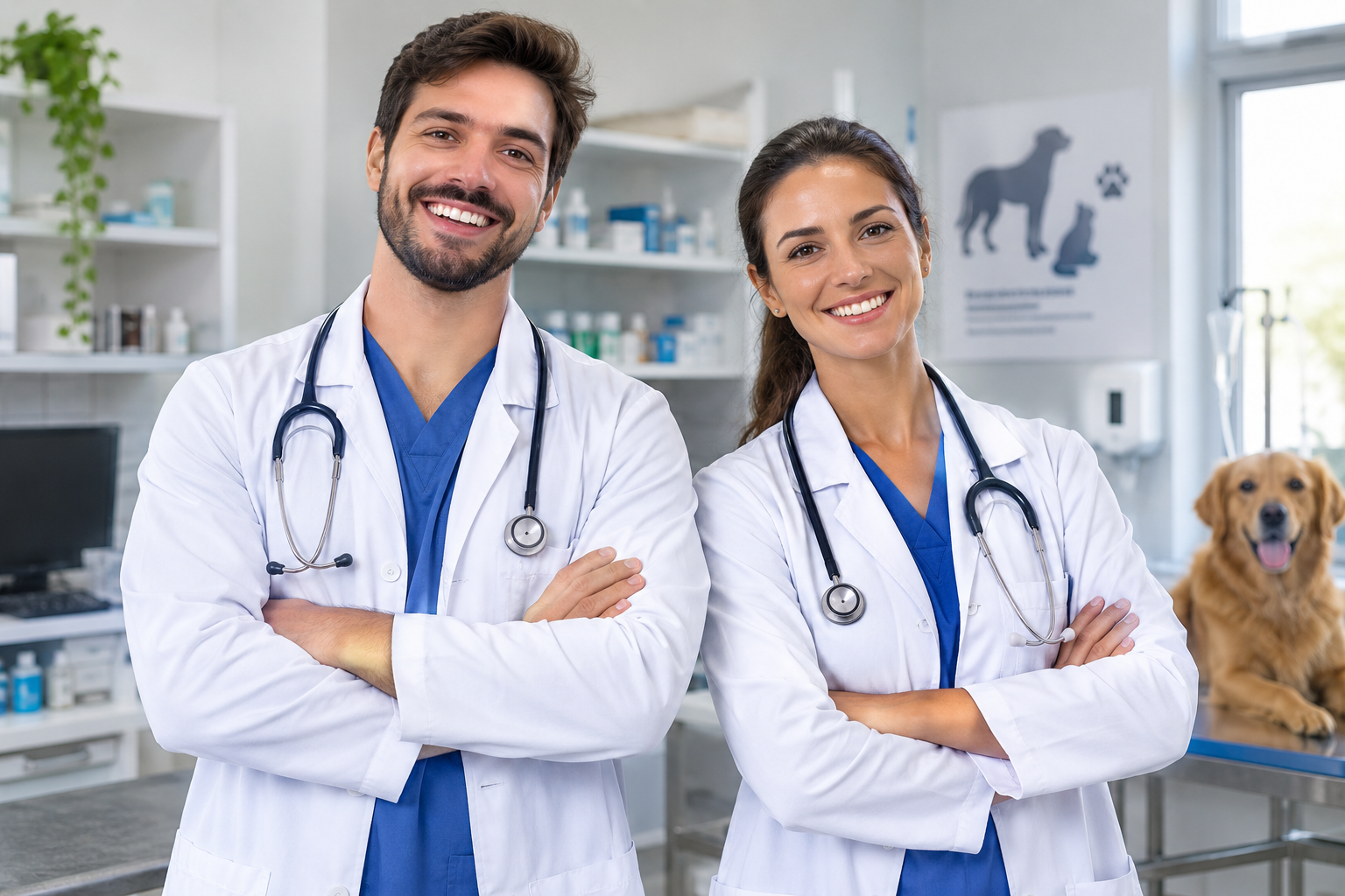 imagem de 2 veterinários com um paciente (pet) ao fundo ilustrando um software para clínica veterinária