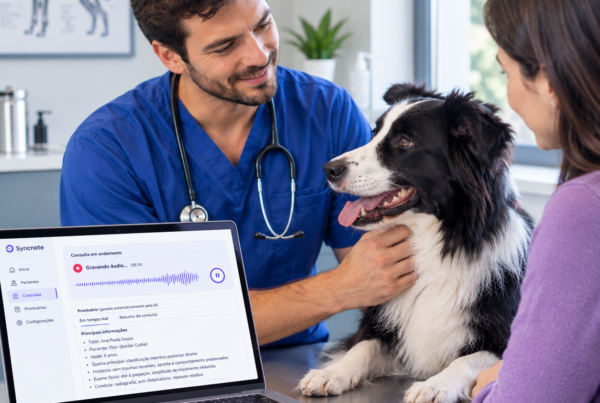 Veterinário realizando uma consulta e o prontuário veterinário eletrônico sendo gerado com IA a partir do áudio da consulta.