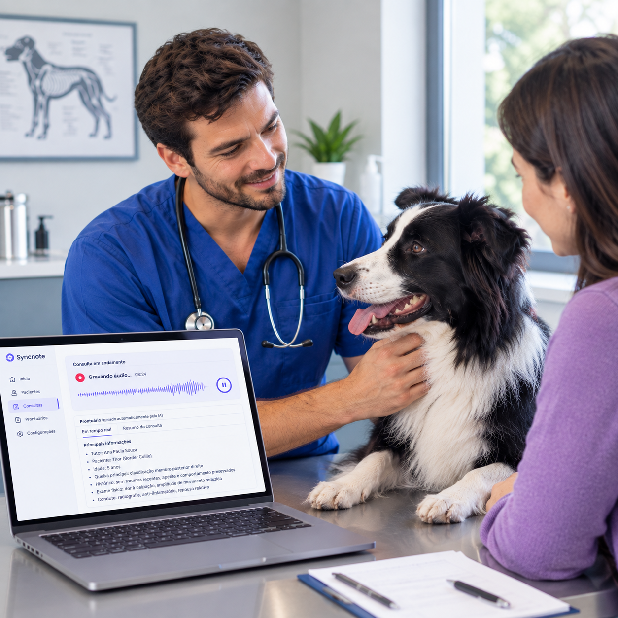 Veterinário realizando uma consulta e o prontuário veterinário eletrônico sendo gerado com IA a partir do áudio da consulta.