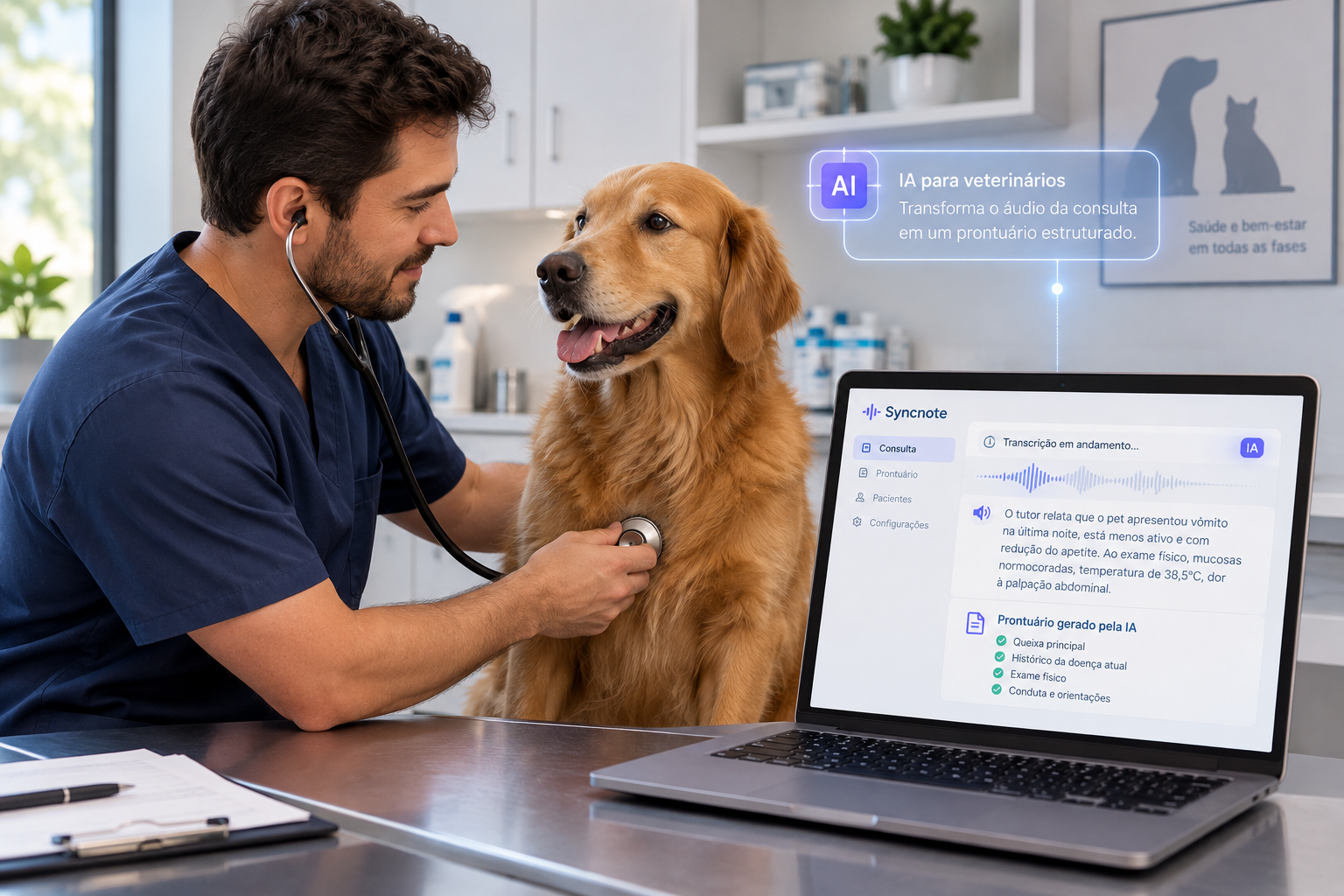 Veterinário examinando um paciente com a IA para veterinários da Syncnote.