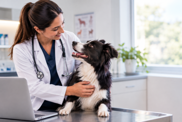 Veterinária cuidando do paciente otimizar o tempo na consulta veterinária