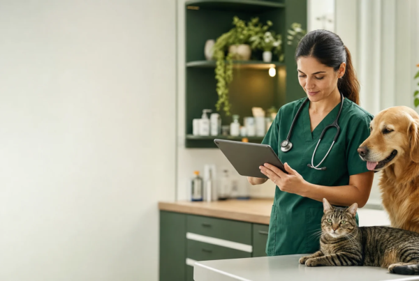 Veterinária utilizando um sistema de prontuário veterinário no tablet.