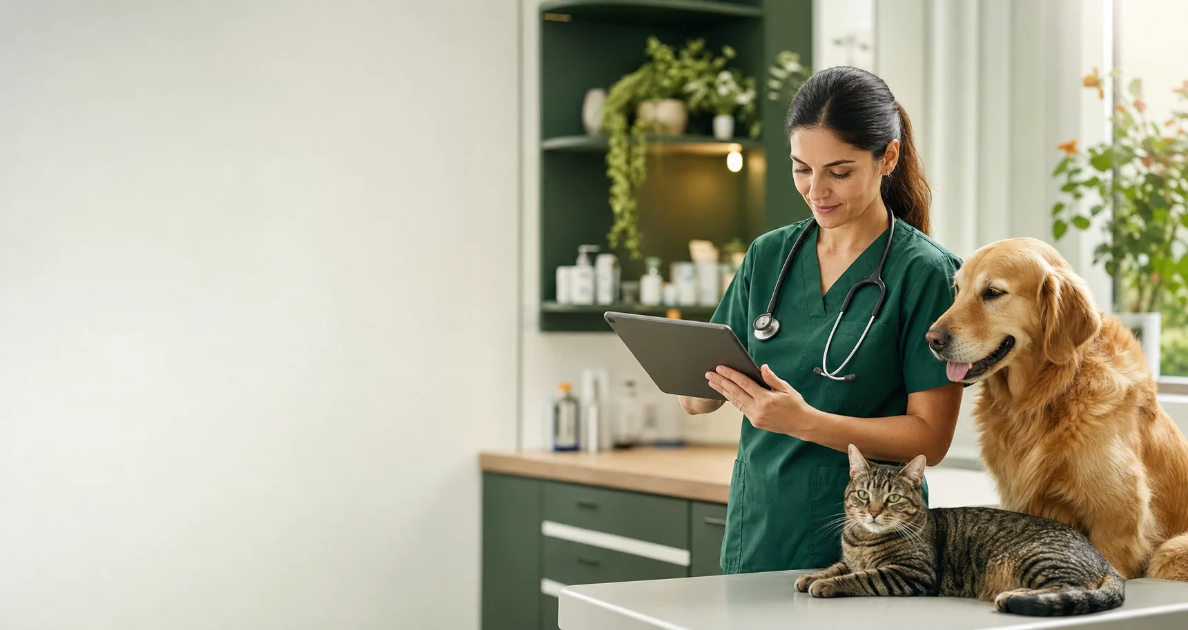 Veterinária utilizando um sistema de prontuário veterinário no tablet.