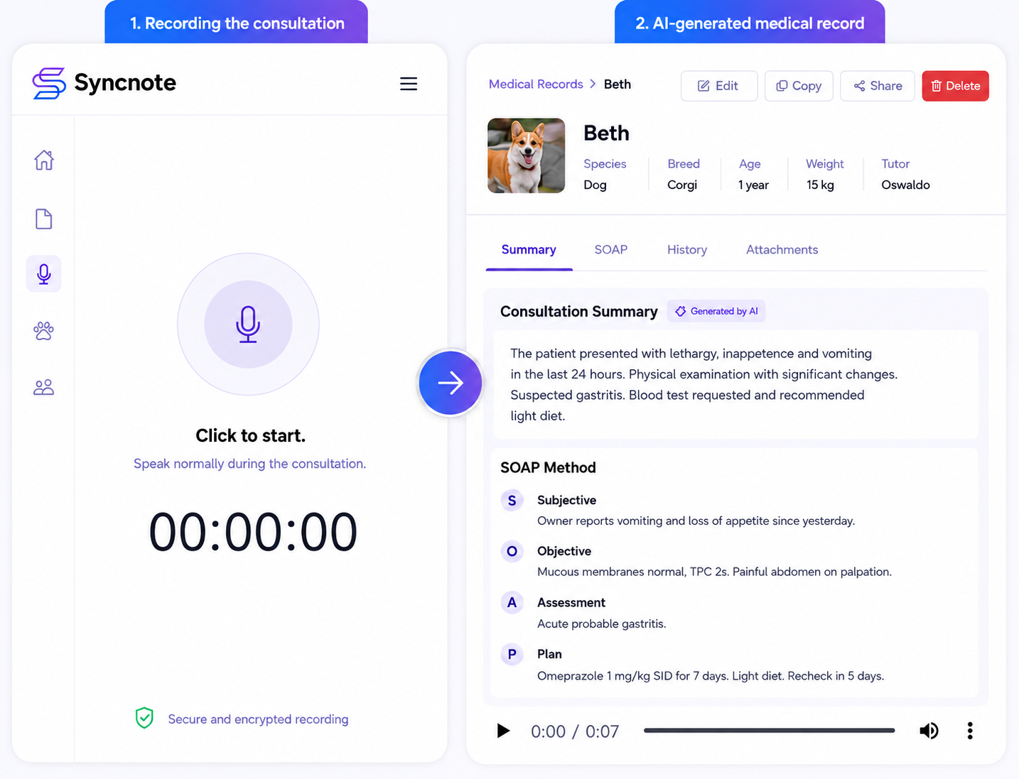 A clean, modern UI showing how Syncnote transforms a recorded veterinary consultation into an AI-generated, structured medical record using the SOAP method.